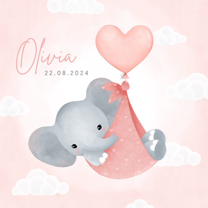 Geboortekaartjes - Lief geboortekaartje meisje olifantje in draagzak en ballon