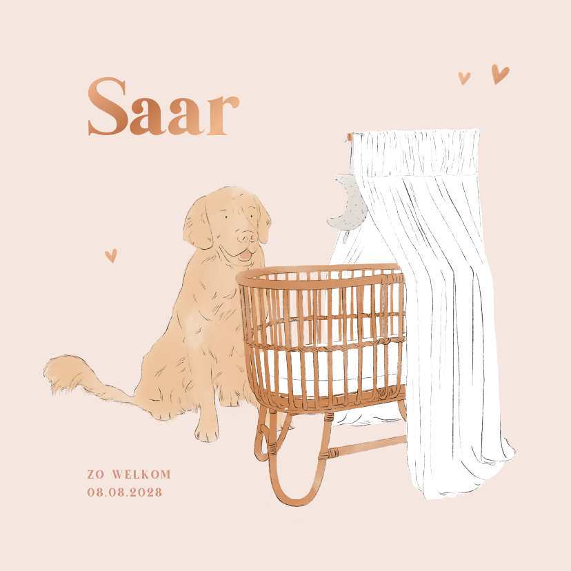 Geboortekaartjes - Lief geboortekaartje meisje wieg en hond illustratie roze