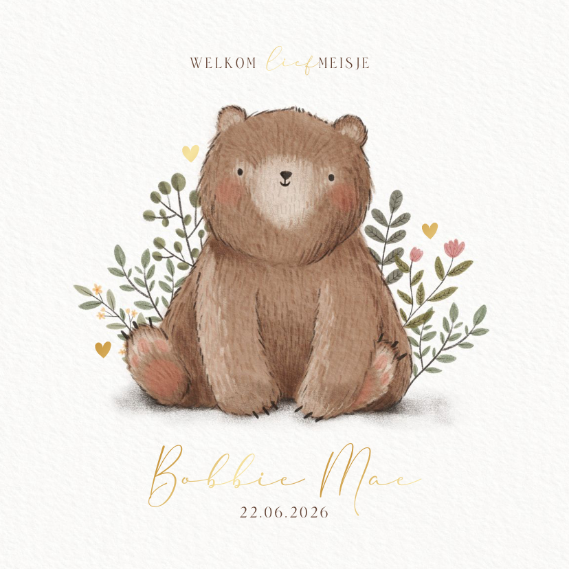 Geboortekaartjes - Lief geboortekaartje met beer plantjes en hartjes