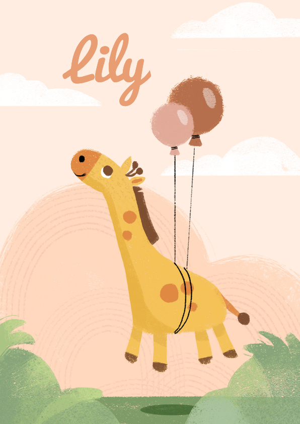 Lief geboortekaartje met een giraf met ballonnen - Geboortekaartjes Geboortekaartjes - Lief geboortekaartje met een giraf met ballonnen