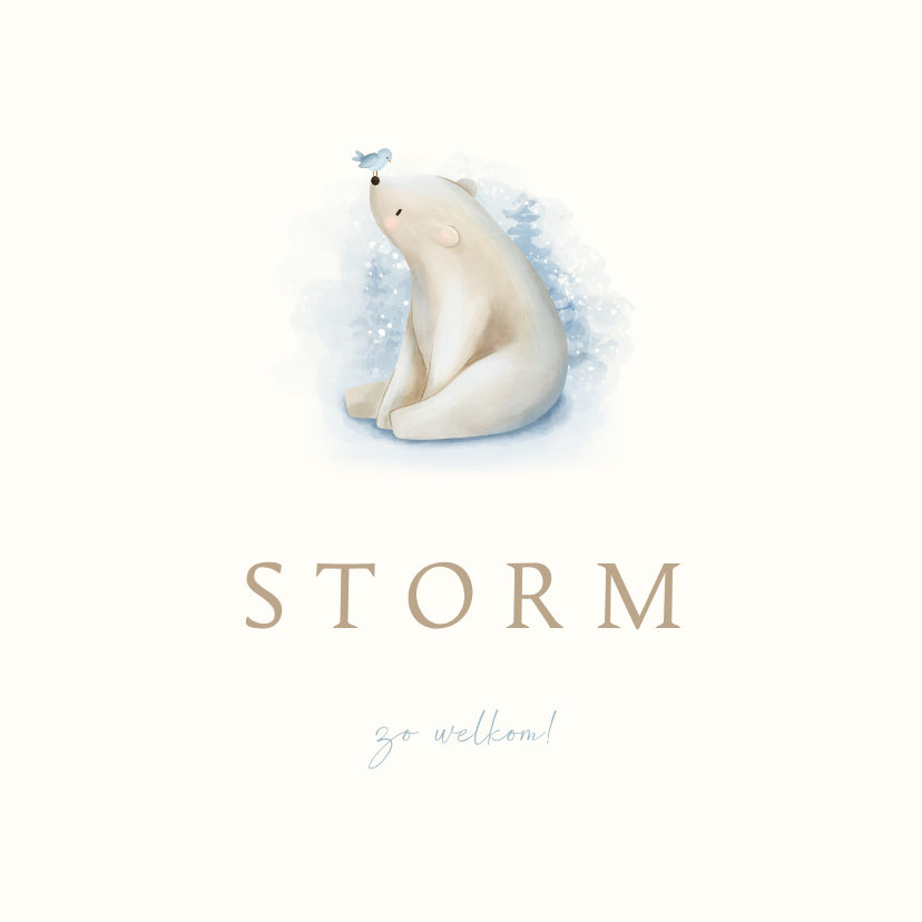 Lief geboortekaartje met een ijsbeer en blauw vogeltje - Geboortekaartjes Geboortekaartjes - Lief geboortekaartje met een ijsbeer en blauw vogeltje