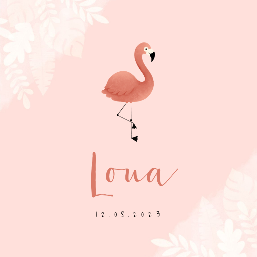 Lief geboortekaartje met flamingo, jungle en waterverf - Geboortekaartjes Geboortekaartjes - Lief geboortekaartje met flamingo, jungle en waterverf