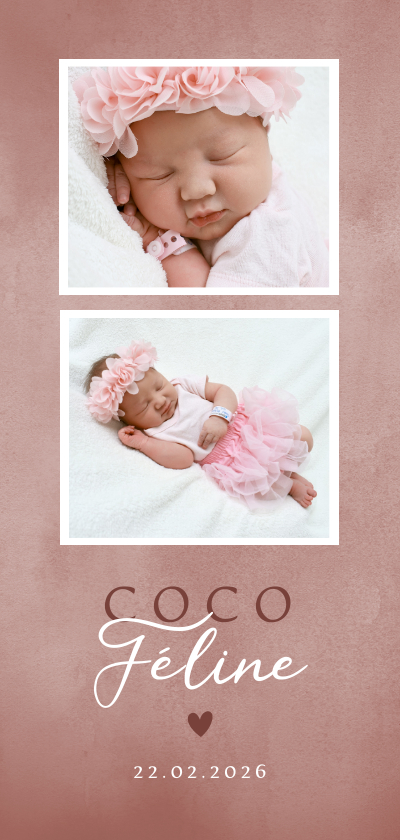 Geboortekaartjes - Lief geboortekaartje met foto's roze waterverf en hartje