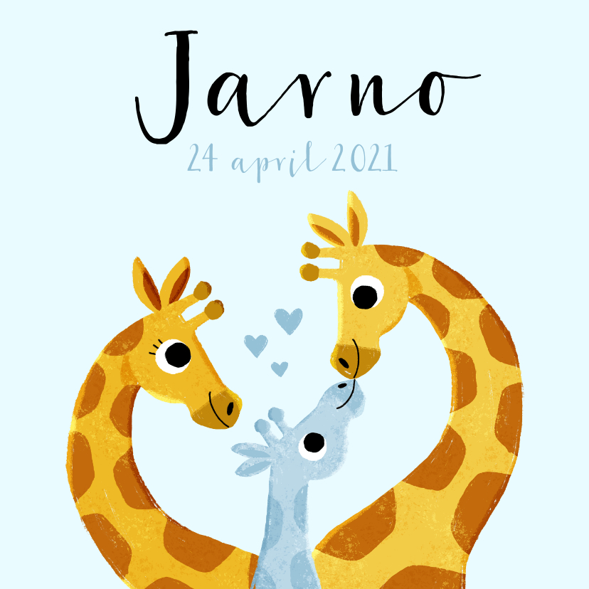 Lief geboortekaartje met giraffes en hartjes voor jongen - Geboortekaartjes Geboortekaartjes - Lief geboortekaartje met giraffes en hartjes voor jongen