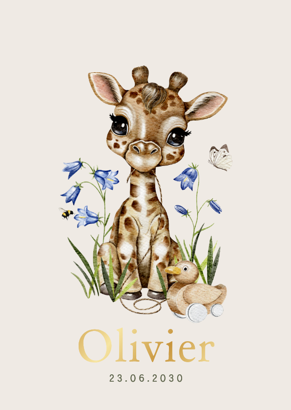 Lief geboortekaartje met giraffe, loopeend, bloemen, vlinder - Geboortekaartjes Geboortekaartjes - Lief geboortekaartje met giraffe, loopeend, bloemen, vlinder
