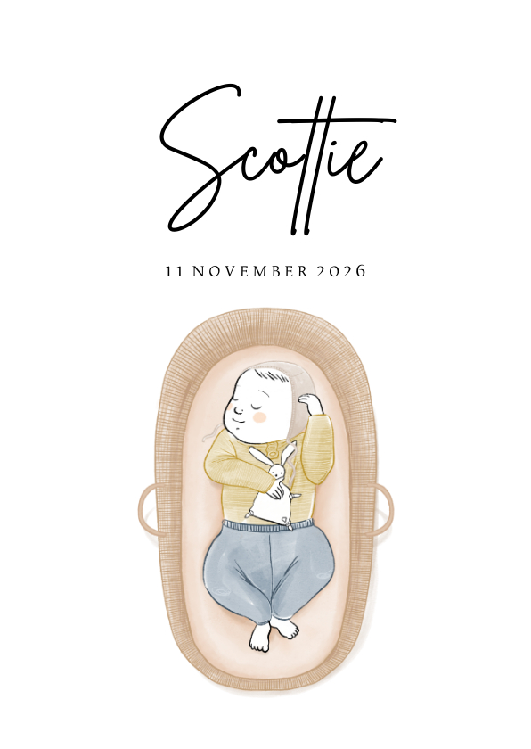 Lief geboortekaartje met illustratie van baby in mozesmandje - Geboortekaartjes Geboortekaartjes - Lief geboortekaartje met illustratie van baby in mozesmandje