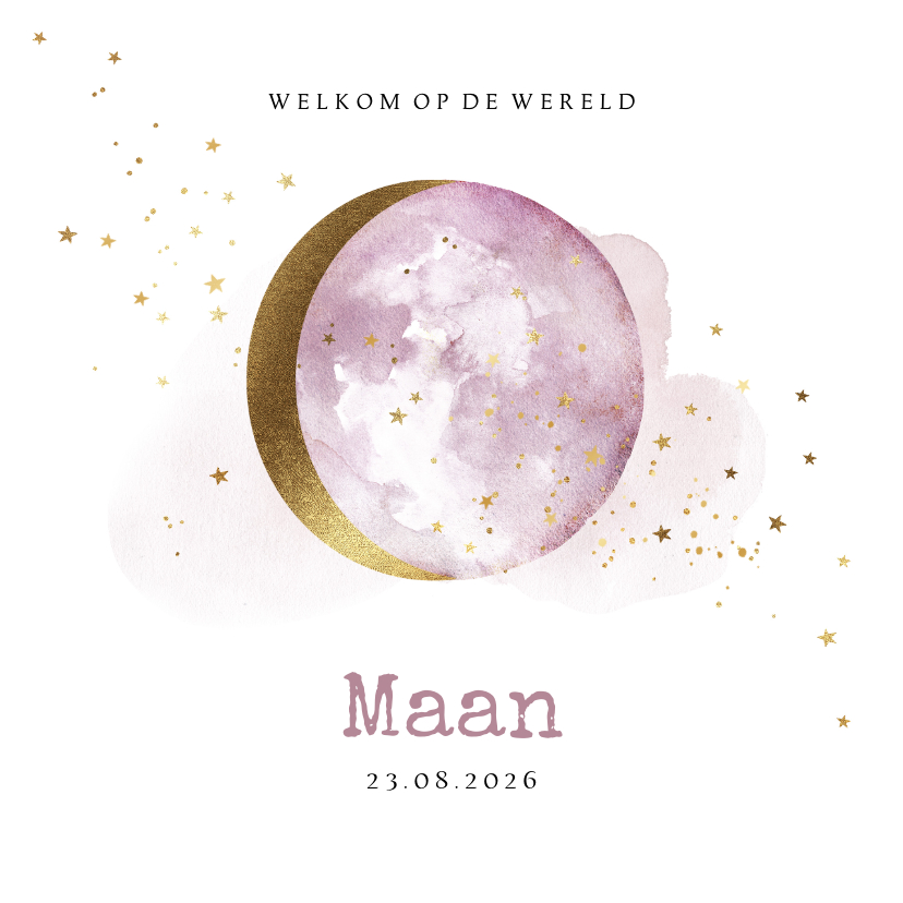 Lief geboortekaartje met lila watercolour en maan in goud - Geboortekaartjes Geboortekaartjes - Lief geboortekaartje met lila watercolour en maan in goud