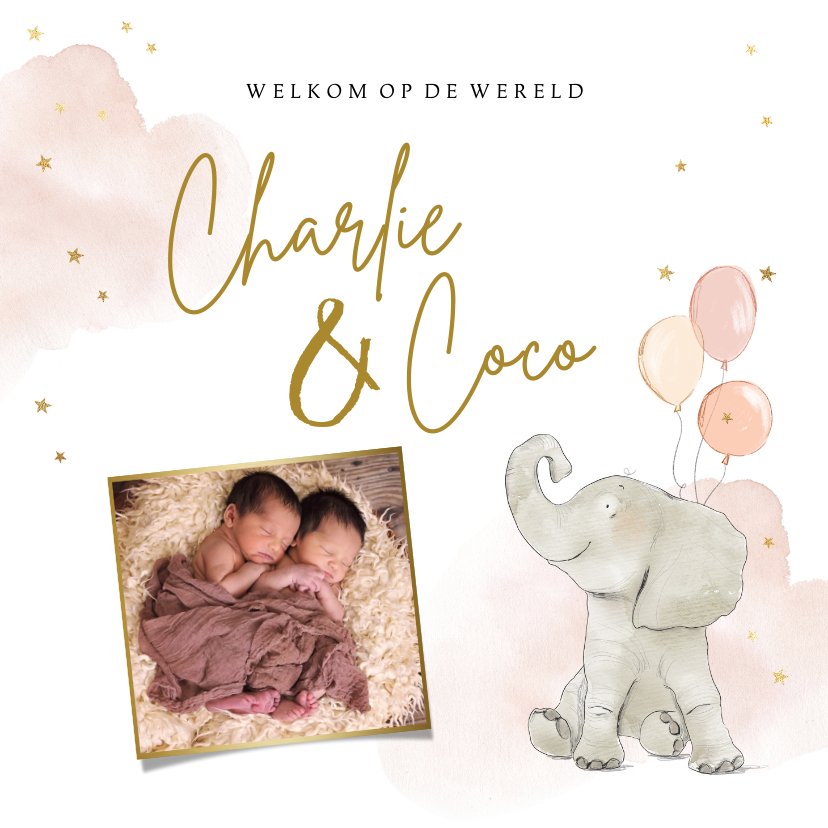Geboortekaartjes - Lief geboortekaartje met olifantje ballonnen en foto