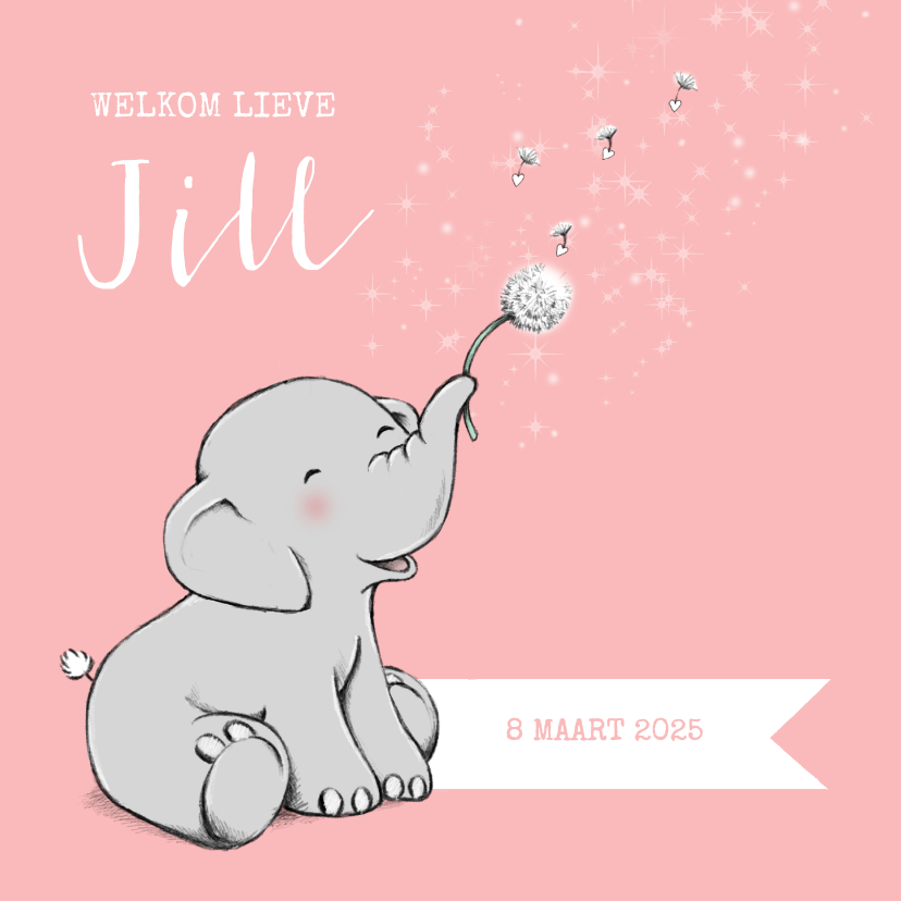 Geboortekaartjes - Lief geboortekaartje met olifantje en wensbloem meisje