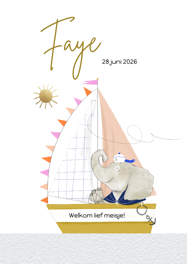 Lief geboortekaartje met olifantje en zeilboot - Geboortekaartjes Geboortekaartjes - Lief geboortekaartje met olifantje en zeilboot