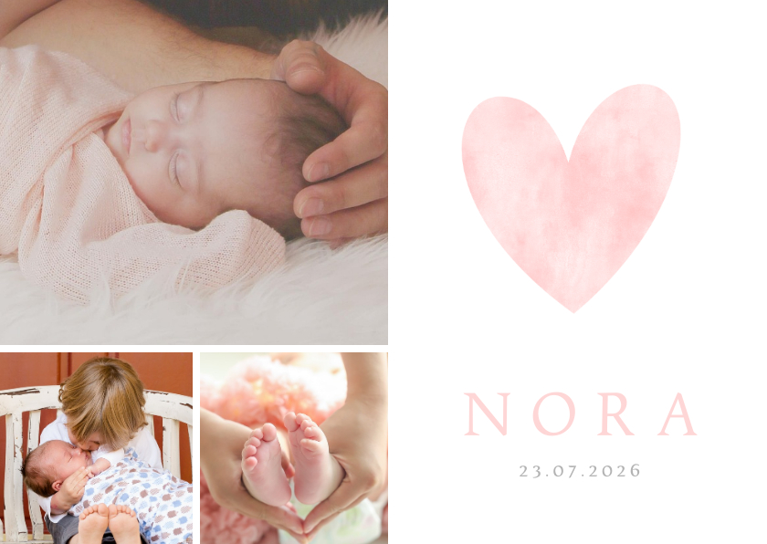 Lief geboortekaartje met roze waterverf hart en eigen foto's - Geboortekaartjes Geboortekaartjes - Lief geboortekaartje met roze waterverf hart en eigen foto's