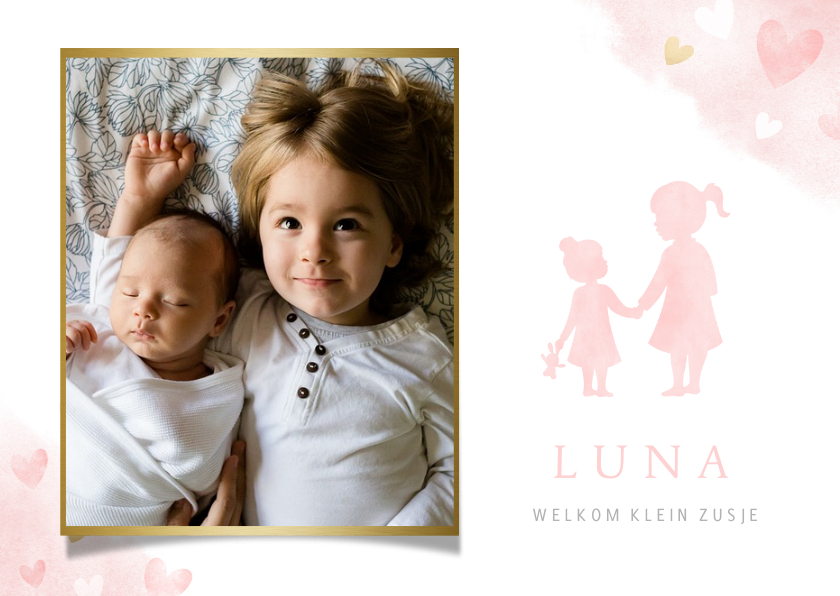 Lief geboortekaartje met silhouet 2 zusjes en eigen foto - Geboortekaartjes Geboortekaartjes - Lief geboortekaartje met silhouet 2 zusjes en eigen foto