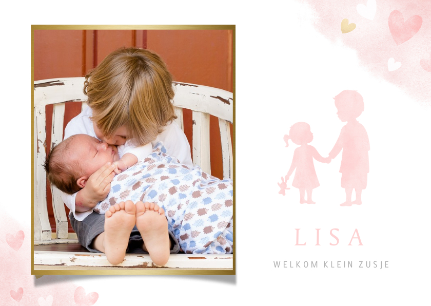 Lief geboortekaartje met silhouet broer en zusje en foto - Geboortekaartjes Geboortekaartjes - Lief geboortekaartje met silhouet broer en zusje en foto