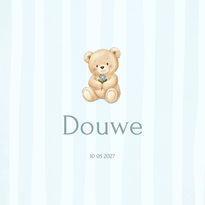 Lief geboortekaartje met teddybeer en blauwe strepen - Geboortekaartjes Geboortekaartjes - Lief geboortekaartje met teddybeer en blauwe strepen