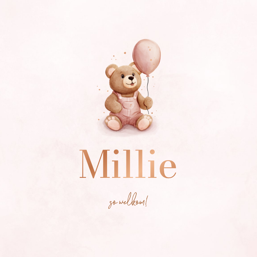 Lief geboortekaartje met teddybeer en roze ballon - Geboortekaartjes Geboortekaartjes - Lief geboortekaartje met teddybeer en roze ballon