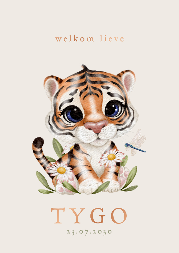 Lief geboortekaartje met tijgertje, bloemen en libelle - Geboortekaartjes Geboortekaartjes - Lief geboortekaartje met tijgertje, bloemen en libelle
