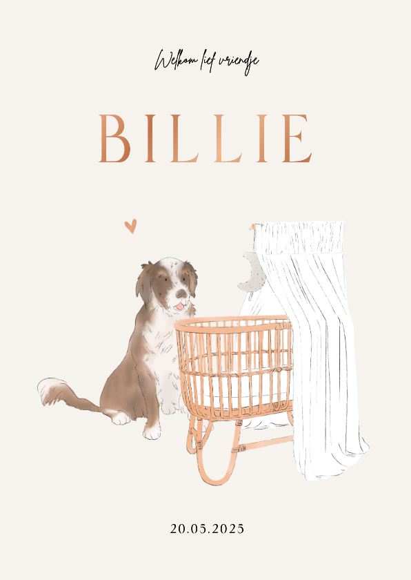 Geboortekaartjes - Lief geboortekaartje met vintage wieg en hond koperfolie
