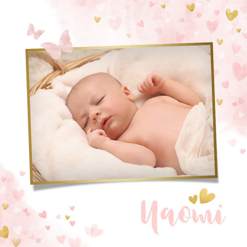 Lief geboortekaartje met waterverf hartjes, vlinders en foto - Geboortekaartjes Geboortekaartjes - Lief geboortekaartje met waterverf hartjes, vlinders en foto