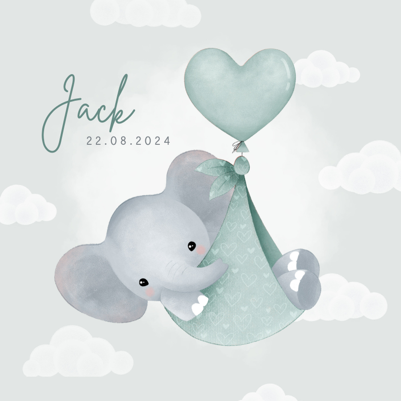 Geboortekaartjes - Lief geboortekaartje olifantje in draagzak, ballon & wolkjes