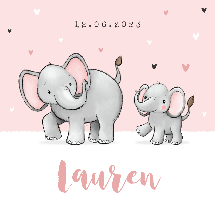Lief geboortekaartje olifantjes meisje zusje hartjes roze - Geboortekaartjes Geboortekaartjes - Lief geboortekaartje olifantjes meisje zusje hartjes roze