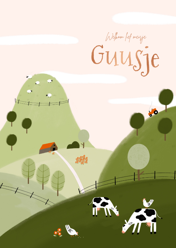 Lief geboortekaartje roze boerderij heuvels koe schaap - Geboortekaartjes Geboortekaartjes - Lief geboortekaartje roze boerderij heuvels koe schaap
