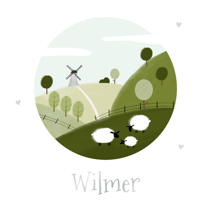 Lief geboortekaartje schaapjes molen heuvels illustratie - Geboortekaartjes Geboortekaartjes - Lief geboortekaartje schaapjes molen heuvels illustratie