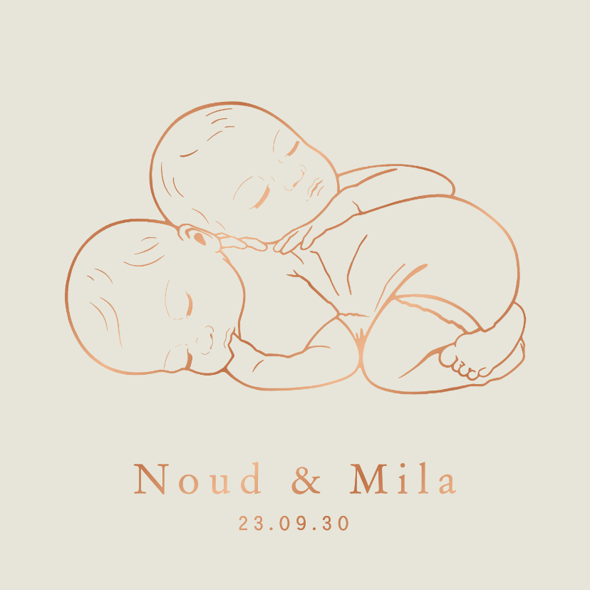 Lief geboortekaartje slapende tweeling – koperfolie - Geboortekaartjes Geboortekaartjes - Lief geboortekaartje slapende tweeling – koperfolie