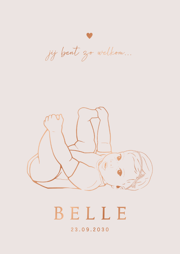 Lief geboortekaartje spelend meisje – koperfolie - Geboortekaartjes Geboortekaartjes - Lief geboortekaartje spelend meisje – koperfolie