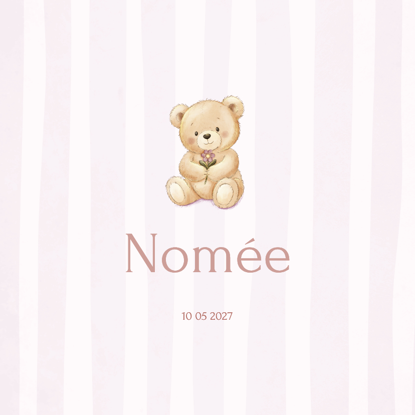 Geboortekaartjes - Lief geboortekaartje teddybeer op roze strepen achtergrond