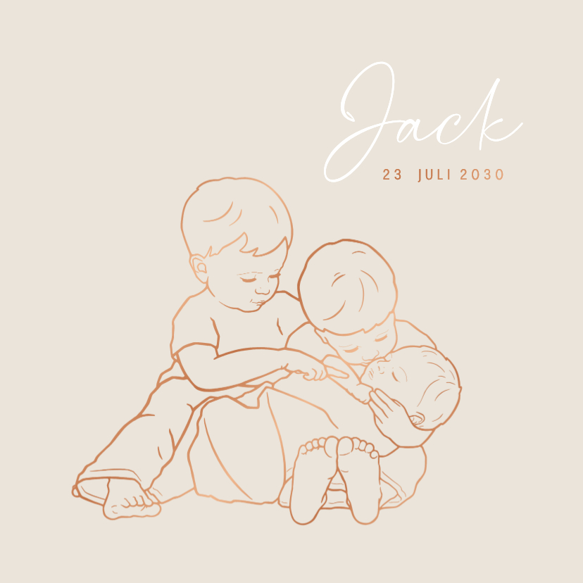 Lief geboortekaartje twee broers met baby – koperfolie - Geboortekaartjes Geboortekaartjes - Lief geboortekaartje twee broers met baby – koperfolie