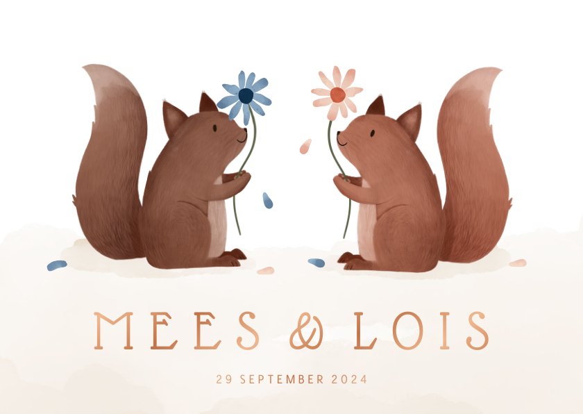 Geboortekaartjes - Lief geboortekaartje tweeling eekhoorntjes met bloemen