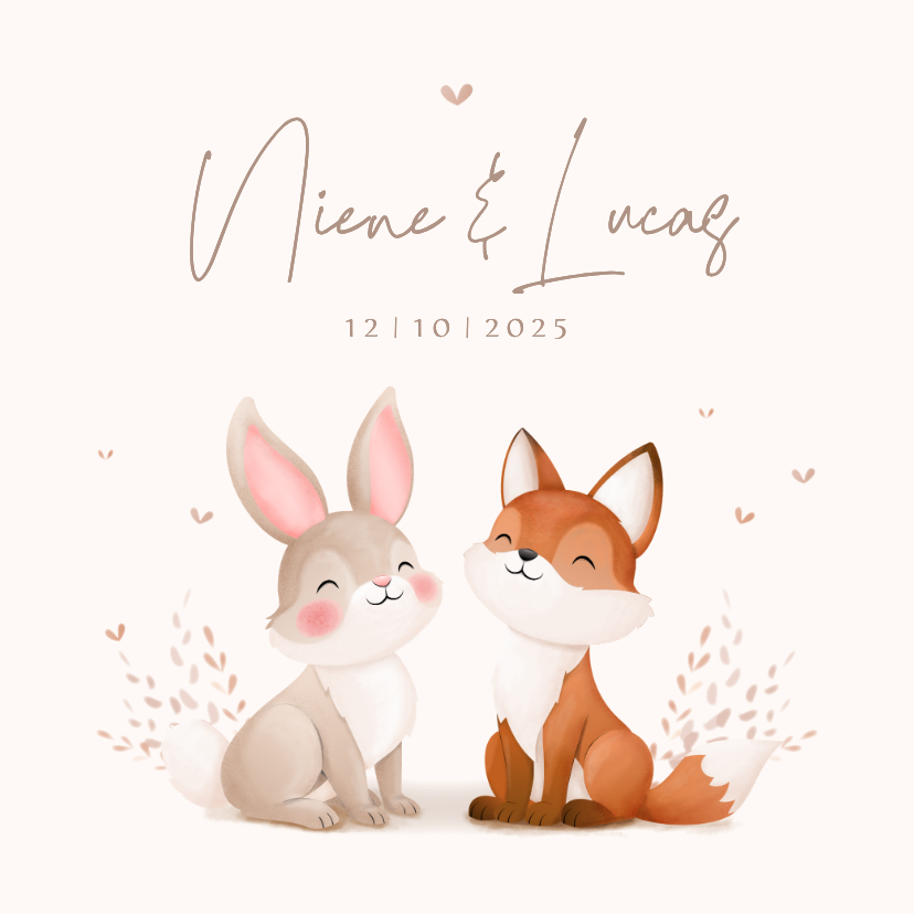 Geboortekaartjes - Lief geboortekaartje tweeling illustratie vosje en konijntje