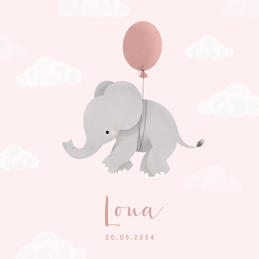 Lief geboortekaartje voor meisje olifantje aan ballon - Geboortekaartjes Geboortekaartjes - Lief geboortekaartje voor meisje olifantje aan ballon