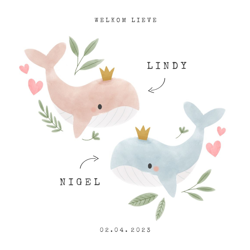 Geboortekaartjes - Lief geboortekaartje voor tweeling met walvissen en hartjes