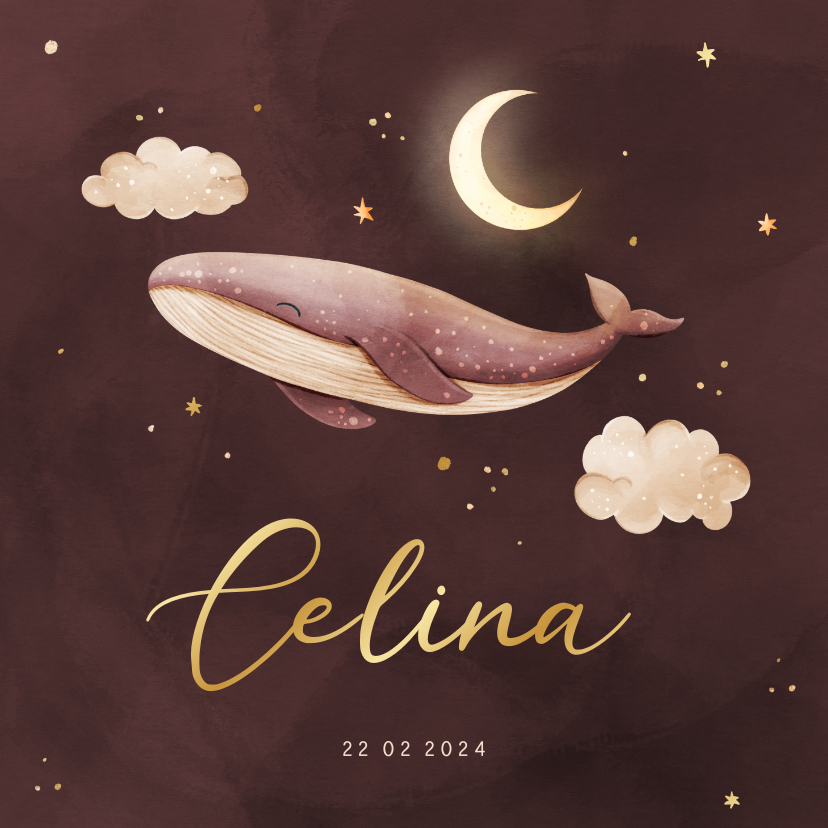 Geboortekaartjes - Lief geboortekaartje walvis met goudfolie sterren en maan