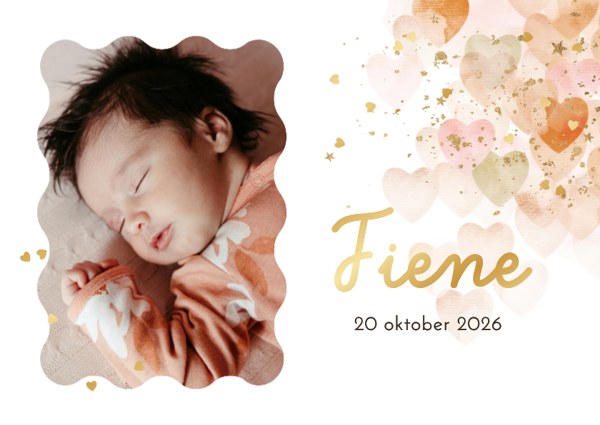 Lief geboortekaartje watercolor hartjes foto confetti goud - Geboortekaartjes Geboortekaartjes - Lief geboortekaartje watercolor hartjes foto confetti goud