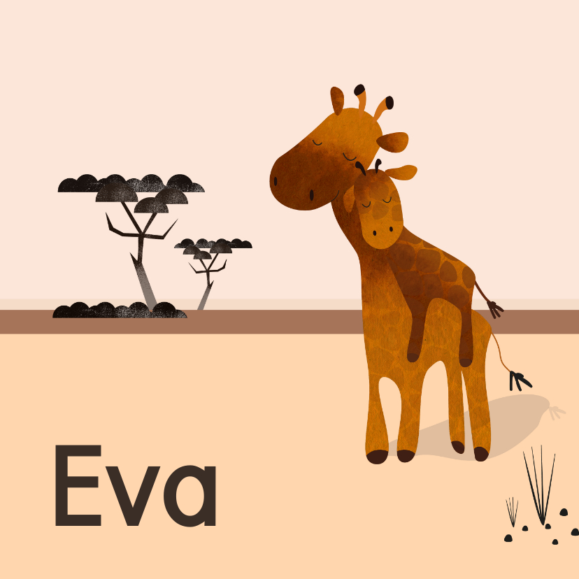 Lief geboortekaartje werelds met baby giraffe op savanne - Geboortekaartjes Geboortekaartjes - Lief geboortekaartje werelds met baby giraffe op savanne