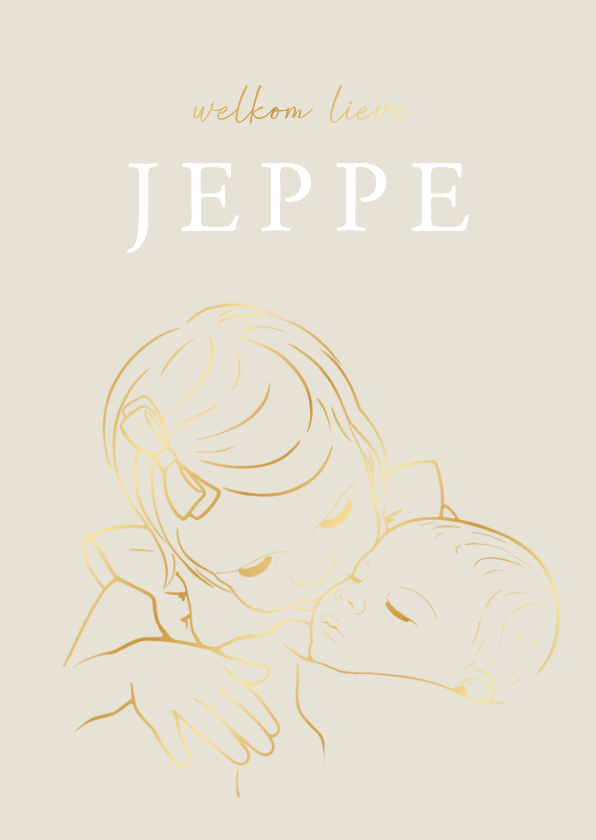 Lief geboortekaartje zus knuffelt baby – goudfolie - Geboortekaartjes Geboortekaartjes - Lief geboortekaartje zus knuffelt baby – goudfolie
