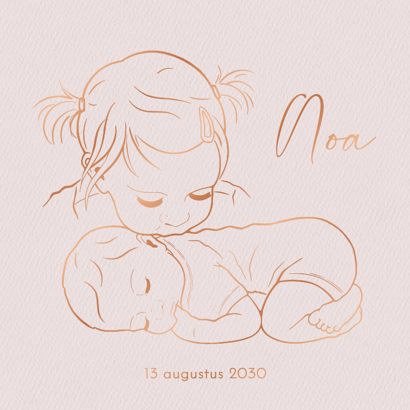 Lief geboortekaartje zus kust liggend baby’tje – koperfolie - Geboortekaartjes Geboortekaartjes - Lief geboortekaartje zus kust liggend baby’tje – koperfolie