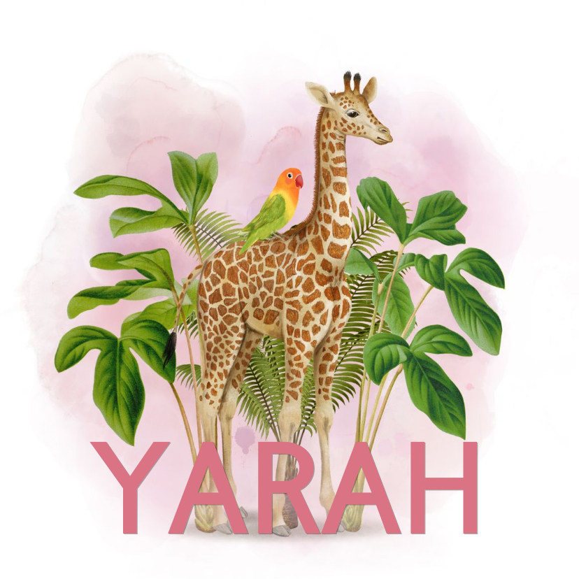 Lief jungle geboortekaartje giraffe met vogeltje - Geboortekaartjes Geboortekaartjes - Lief jungle geboortekaartje giraffe met vogeltje