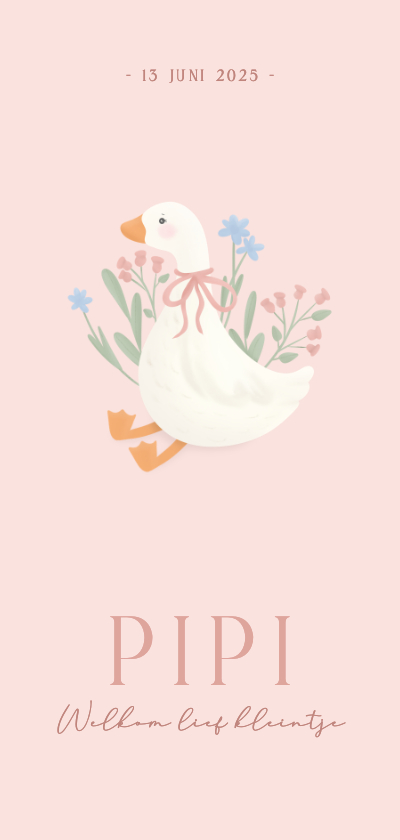 Lief langwerpig geboortekaartje met gansje en bloemen roze - Geboortekaartjes Geboortekaartjes - Lief langwerpig geboortekaartje met gansje en bloemen roze