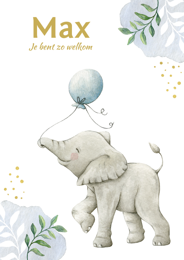 Lief olifantje op botanisch geboortekaartje jongen - Geboortekaartjes Geboortekaartjes - Lief olifantje op botanisch geboortekaartje jongen