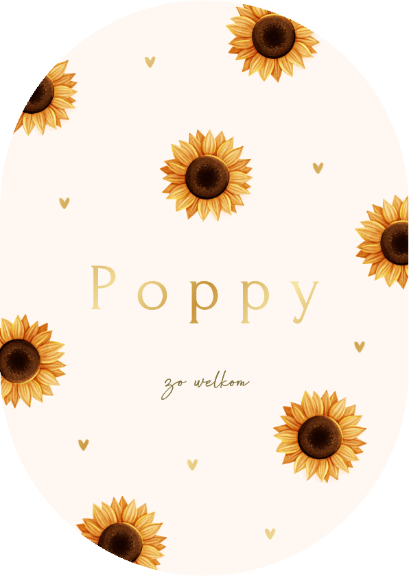 Lief ovaal geboortekaartje met zonnebloemen en folie hartjes - Geboortekaartjes Geboortekaartjes - Lief ovaal geboortekaartje met zonnebloemen en folie hartjes