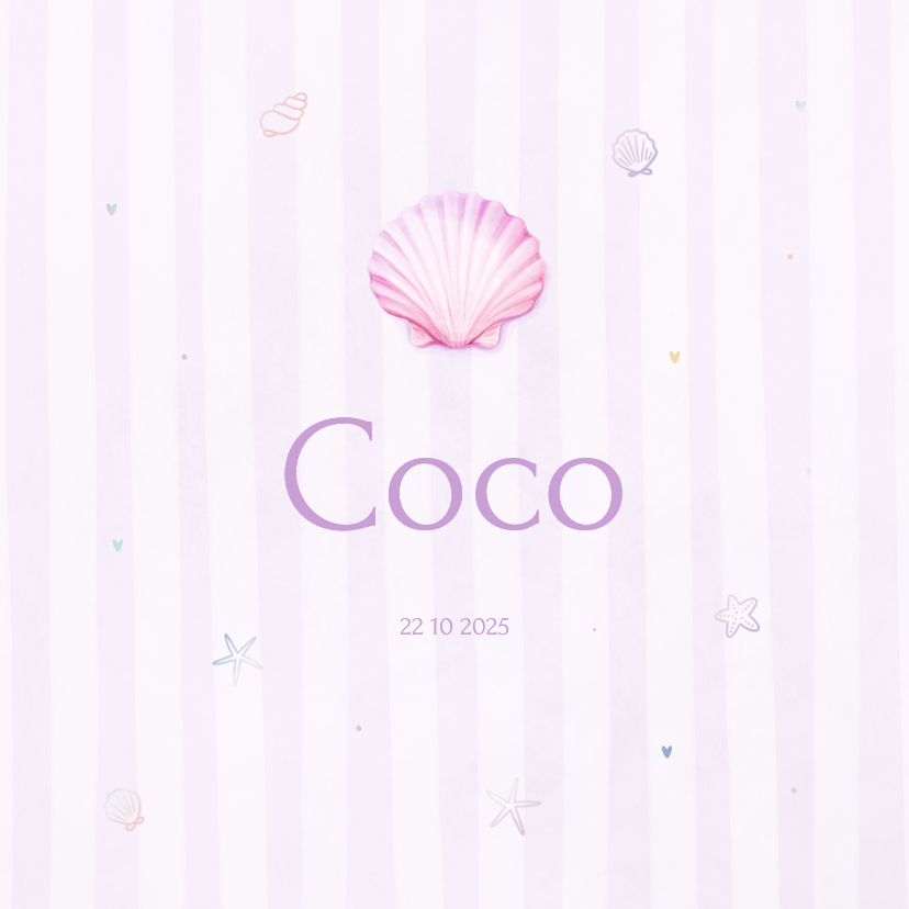 Lief pastel geboortekaartje met schelp en en streepjes - Geboortekaartjes Geboortekaartjes - Lief pastel geboortekaartje met schelp en en streepjes