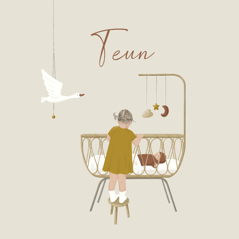 Lief vierkant geboortekaartje zus bij wiegje met baby - Geboortekaartjes Geboortekaartjes - Lief vierkant geboortekaartje zus bij wiegje met baby