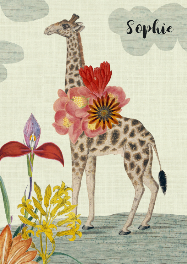 Lief vintage geboortekaartje met giraffe en bloemen - Geboortekaartjes Geboortekaartjes - Lief vintage geboortekaartje met giraffe en bloemen