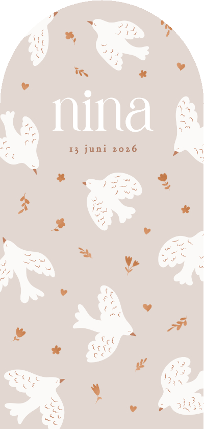 Geboortekaartjes - Lieve beige geboortekaartjes in boogvorm met witte duifjes