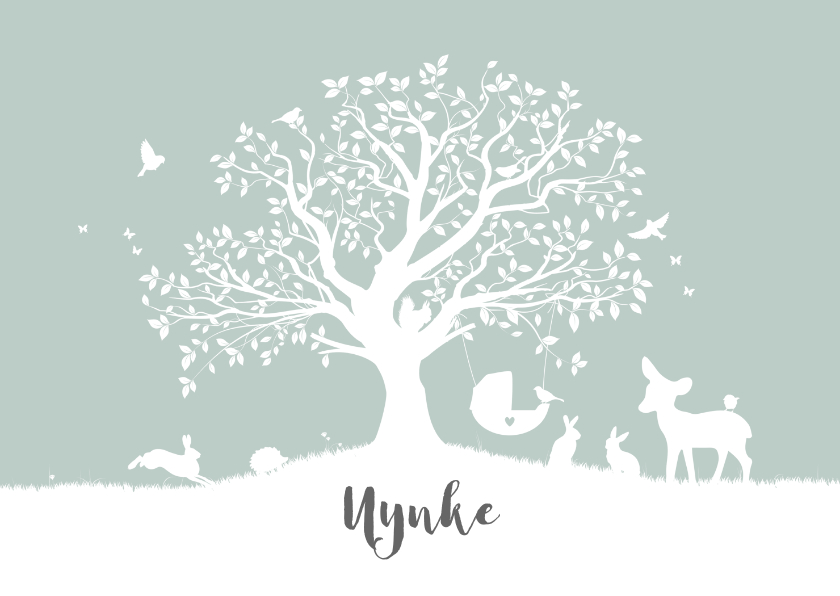 Liggend geboortekaartje met boom en dieren - Geboortekaartjes Geboortekaartjes - Liggend geboortekaartje met boom en dieren