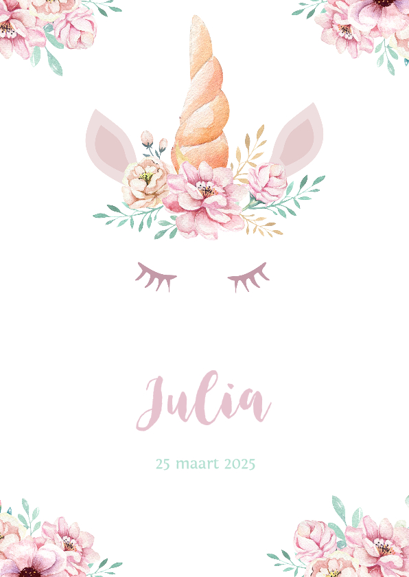 Meisjes geboortekaartje lieve unicorn - Geboortekaartjes Geboortekaartjes - Meisjes geboortekaartje lieve unicorn