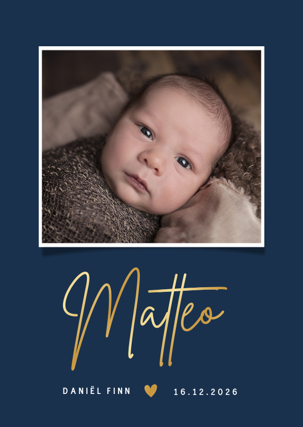 Geboortekaartjes - Minimalistisch blauw geboortekaartje jongen met foto en naam